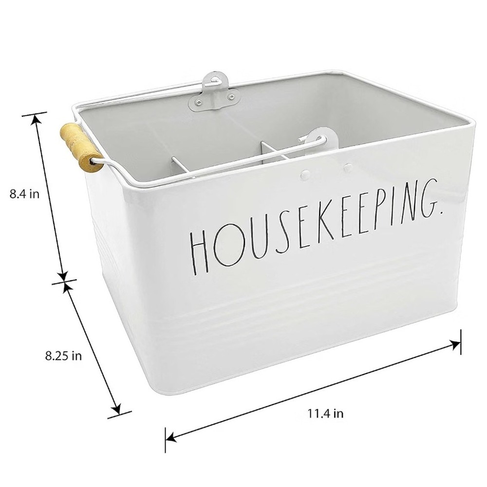 Rae Dunn Housekeeping Metal Cleaning Caddy White Farmhouse Organizer with Handle - Picture 5 of 10